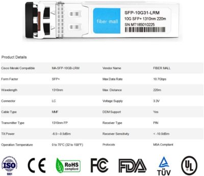 fibe mall SFP 10G LR for Cisco Meraki MA-SFP-10GB-LR 10GBASE-LR SFP+ 1310nm 10km DOM Transceiver Module wholesale