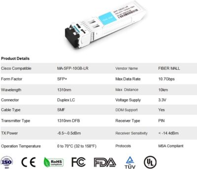 fibe mall SFP 10G LR for Cisco Meraki MA-SFP-10GB-LR 10GBASE-LR SFP+ 1310nm 10km DOM Transceiver Module wholesale
