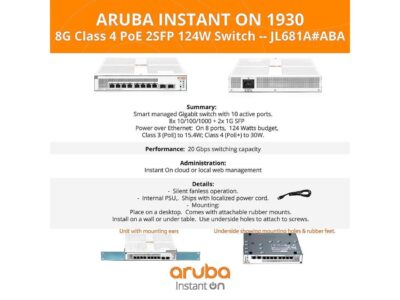 Aruba Instant On 1930 8-Port PoE Gb Ethernet 8xGE PoE (124W), 2X 1G SFP, L2+ Smart Switch US Cord (JL681A#ABA) wholesale