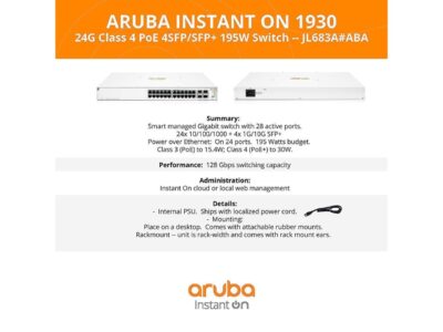 Aruba Instant On 1930 24-Port Gb Ethernet 24x 1G PoE (195W), 4X 1G/10G SFP+, L2+ Smart Switch US Cord (JL683A#ABA) wholesale