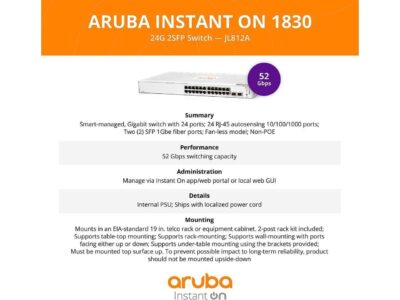 Aruba Instant On 1830 24-Port Gb Smart Switch - 24x 1G |2X SFP | Fanless | US Cord (JL812A#ABA) wholesale