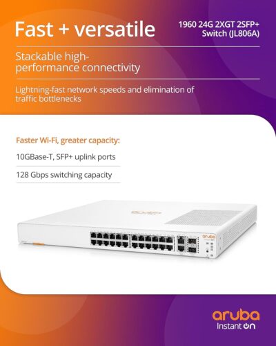Aruba Instant On 1960 24-Port Gb Smart-Managed Layer 2+ Ethernet Switch with PoE (370W) | 24x 1G | 2X 10GBase-T + 2X SFP+ Uplink Ports | Stackable | US Cord (JL807A#ABA) wholesale