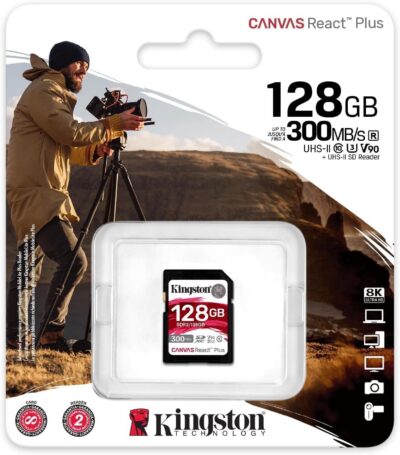 Kingston Canvas React Plus 128GB SD Card | SDXC UHS-II | 300R/260W U3 V90 | Full HD/4K/8K | SDR2/128GB - Image 3