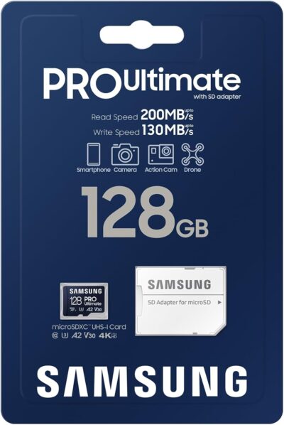 Samsung PRO Ultimate microSD Card + SD Adapter, 128 GB, for Smartphones, Drone and Action Cam, UHS-I U3, 200 MB/s Read, 130 MB/s Write, MB-MY128SA/WW wholesale