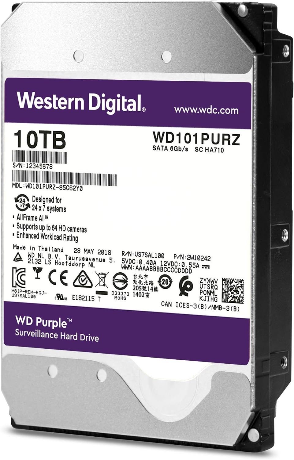 WD Purple WD101PURZ 10TB 7200 RPM 256MB Cache SATA 6.0Gb/s 3.5" Internal Hard Drive Bare Drive - Image 18