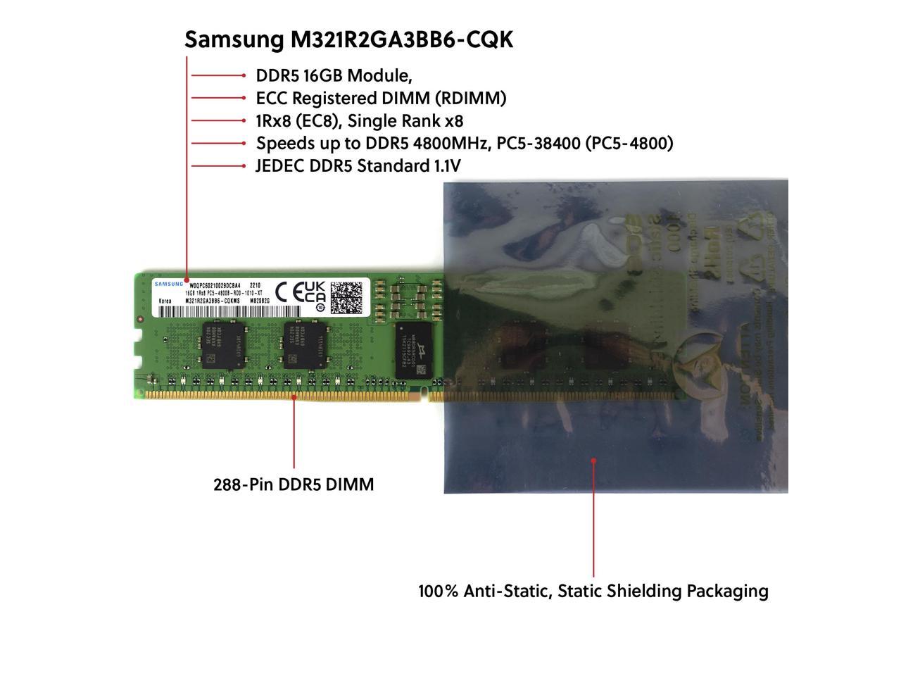 Samsung M321R2GA3BB6-CQK 16GB DDR5-4800 REG EC8 RDIMM PC5-38400R ECC Registered DIMM 288-Pin 1Rx8 1.1V Server Memory RAM Module - Image 2