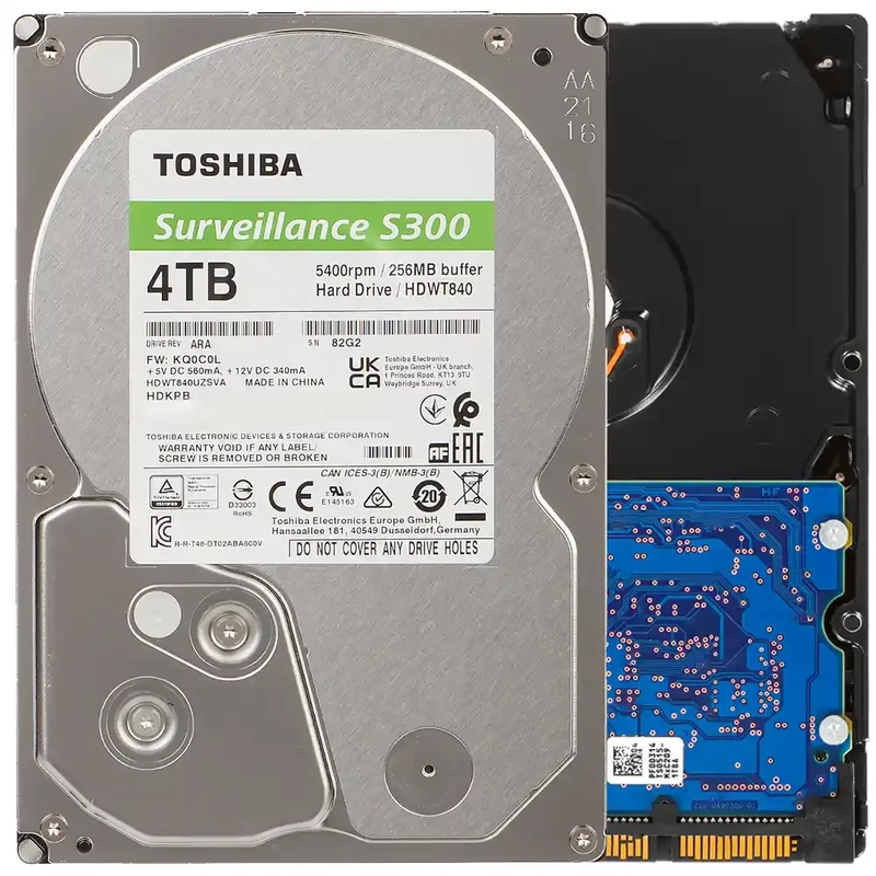 Toshiba 4TB S300 Surveillance HDD - 3.5 SATA Internal Hard Drive Supports up to 64 HD cameras at a 180TB/Year workload (HDWT840UZSVA)
