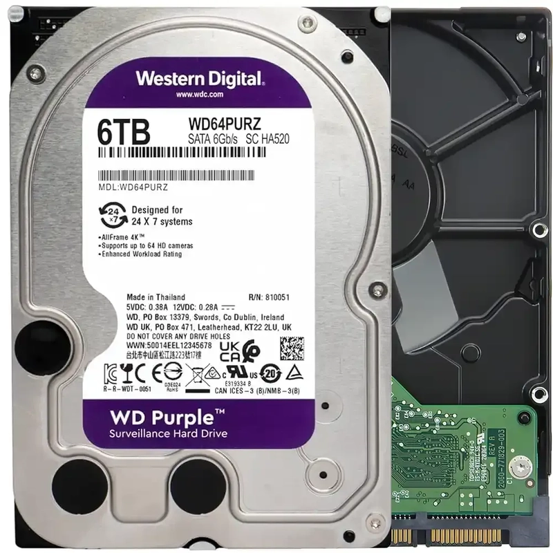 Western Digital Purple Surveillance 3.5-inch 5400rpm SATA Internal Hard Drive 6TB (WD64PURZ)